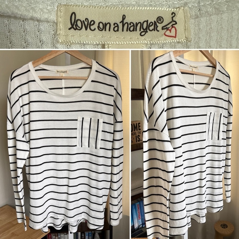 Love On A Hanger Womens Longsleeve White/black Striped Sweater With Pocket Sz L